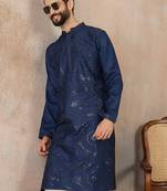 blue printed silk blend kurta for men