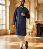 blue printed silk blend kurta for men