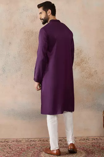 purple printed silk blend kurta for men