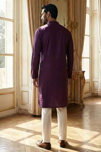 purple printed silk blend kurta for men