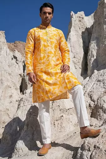men   s yellow silk blend ethnic printed straight kurta