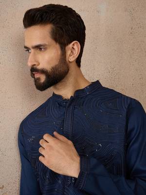 blue printed silk blend kurta for men 2