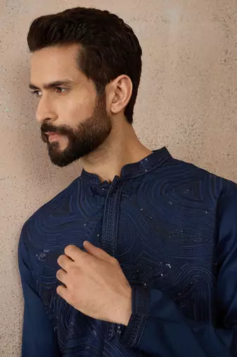 blue printed silk blend kurta for men