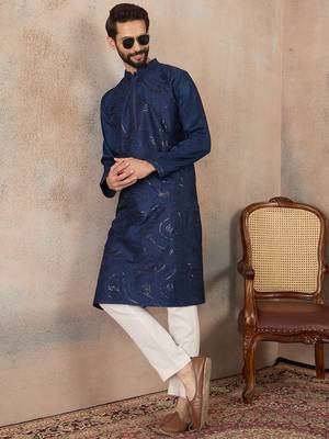 blue printed silk blend kurta for men 3