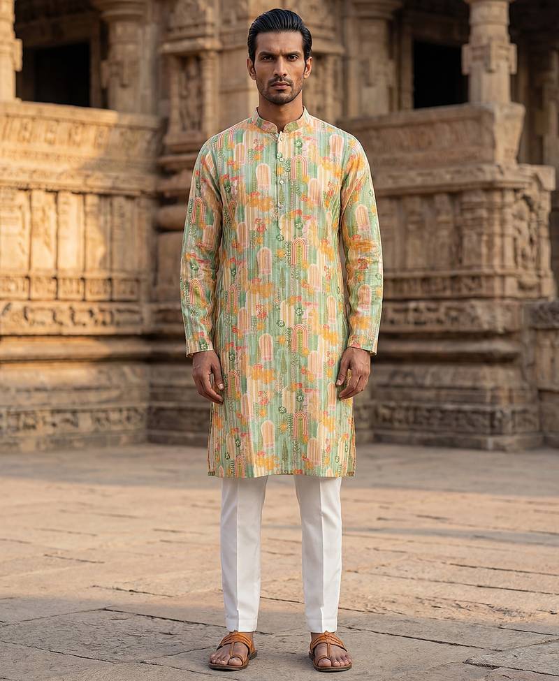 men’s Multicolor silk blend ethnic printed kurta