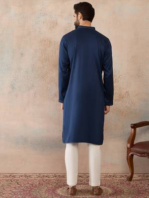 blue printed silk blend kurta for men 4