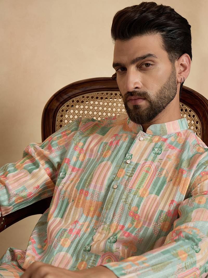 men   s Multicolor silk blend ethnic printed kurta