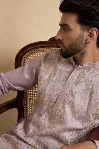 men s lavender ethnic silk blend embroidered kurta