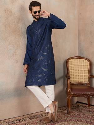 blue printed silk blend kurta for men 5