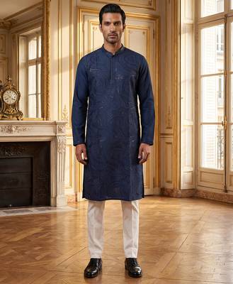 blue printed silk blend kurta for men 5