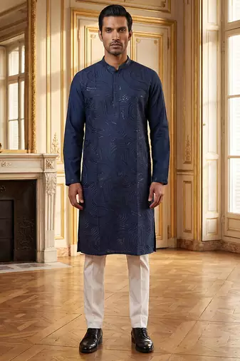 blue printed silk blend kurta for men