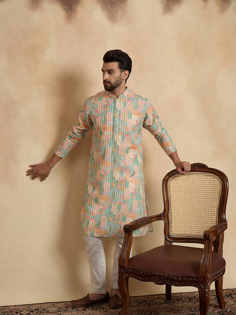 men   s Multicolor silk blend ethnic printed kurta