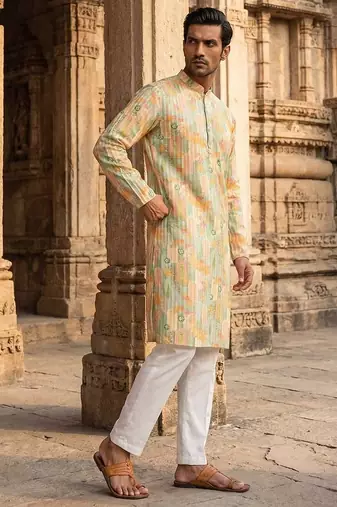 men   s Multicolor silk blend ethnic printed kurta