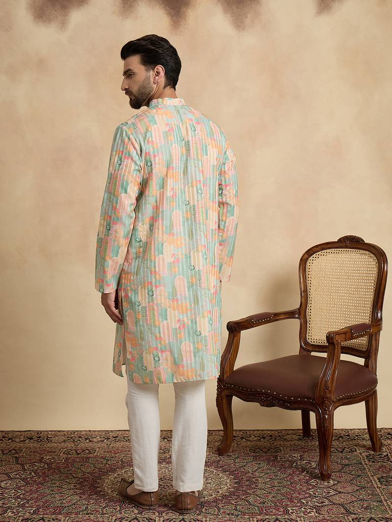men   s Multicolor silk blend ethnic printed kurta
