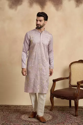 men s lavender ethnic silk blend embroidered kurta