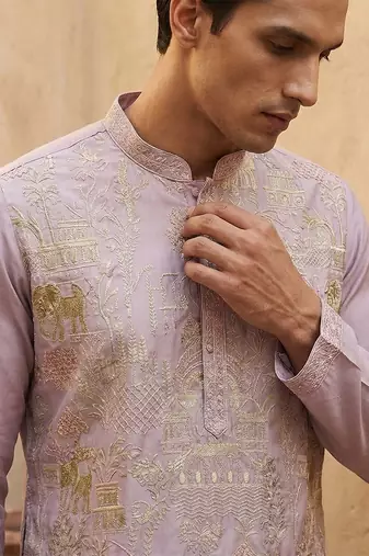 men   s lavender ethnic silk blend embroidered kurta