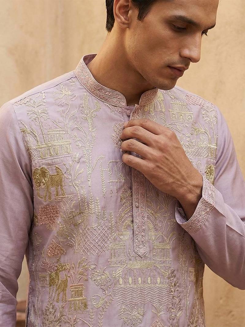 men’s lavender ethnic silk blend embroidered kurta