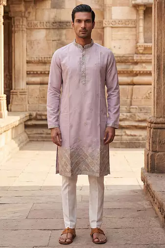men’s lavender silk blend embroidered straight kurta
