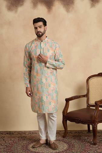 men   s Multicolor silk blend ethnic printed kurta