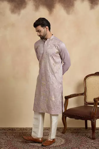 men s lavender ethnic silk blend embroidered kurta