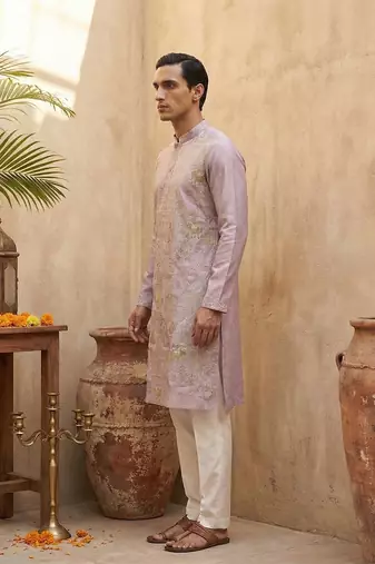 men   s lavender ethnic silk blend embroidered kurta