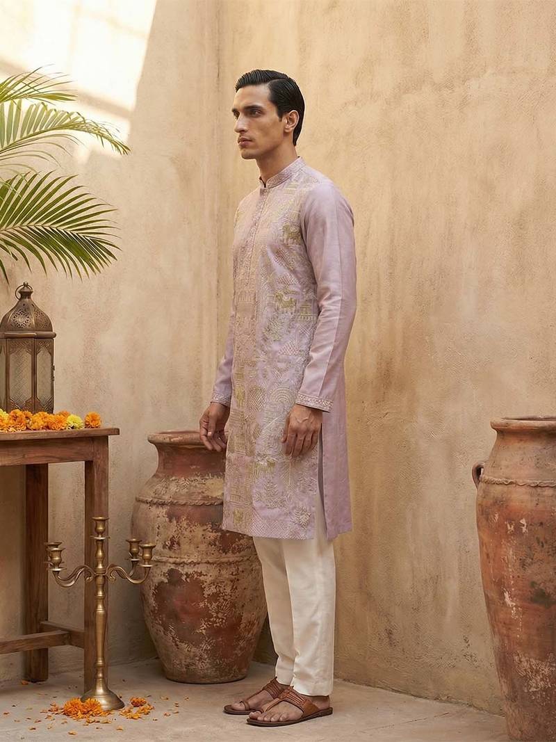 men’s lavender ethnic silk blend embroidered kurta