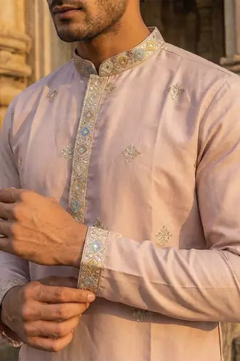 men   s lavender silk blend embroidered straight kurta