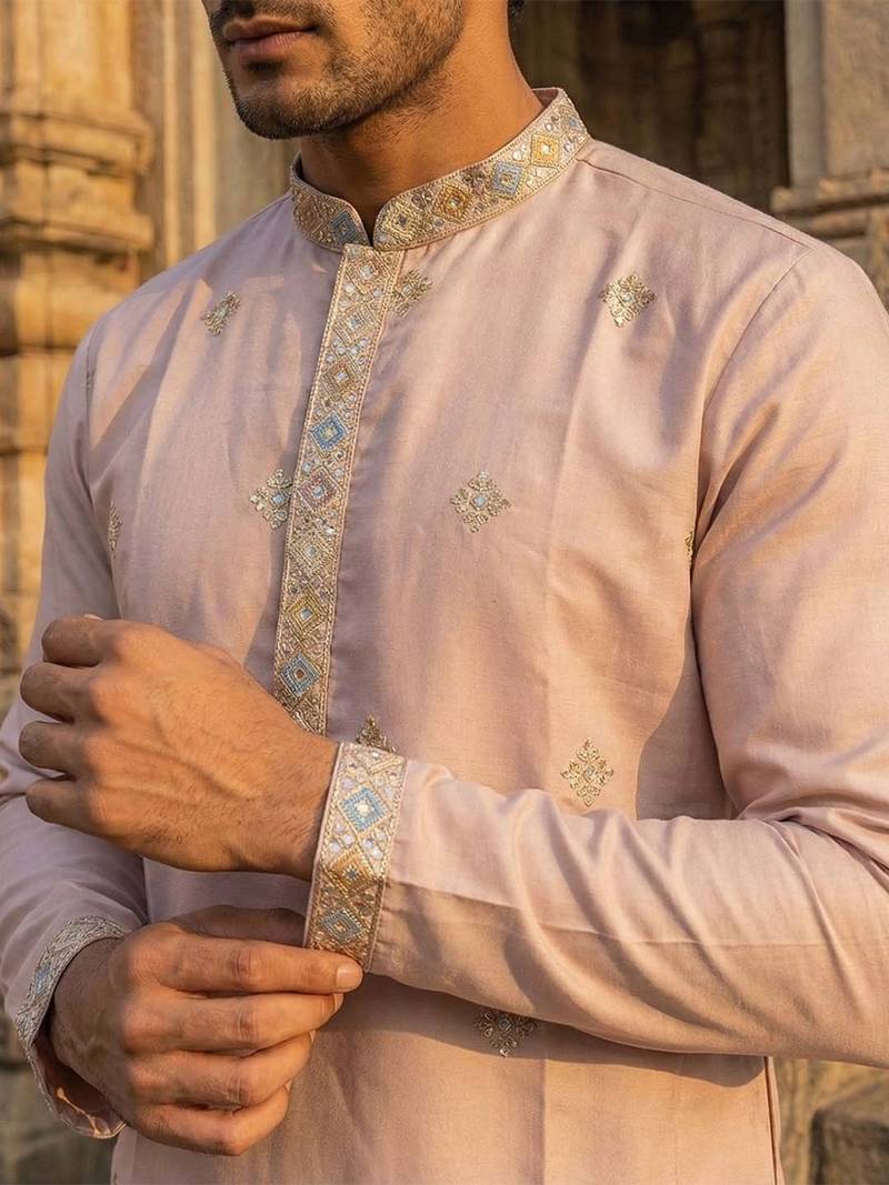 men’s lavender silk blend embroidered straight kurta