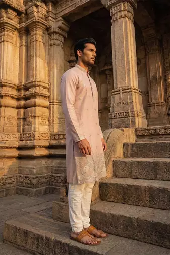 men   s lavender silk blend embroidered straight kurta