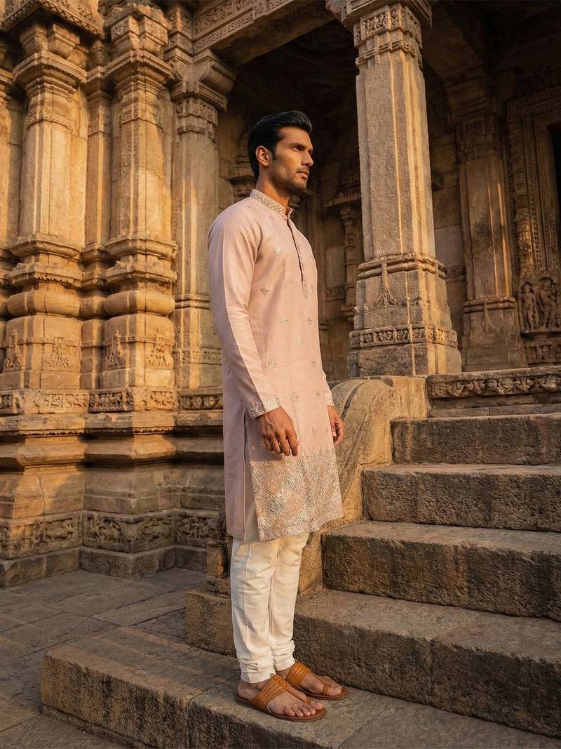 men’s lavender silk blend embroidered straight kurta