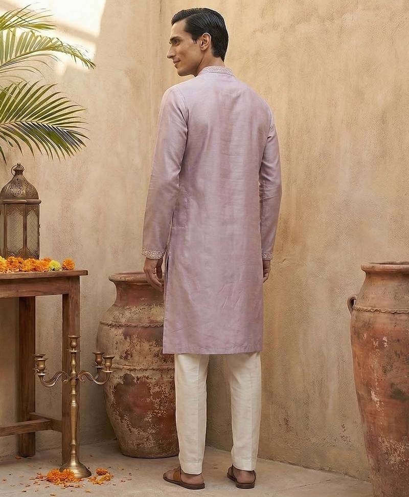 men’s lavender ethnic silk blend embroidered kurta