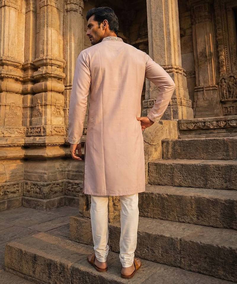 men’s lavender silk blend embroidered straight kurta