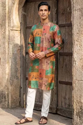 men’s multicolor ethnic printed silk blend kurta