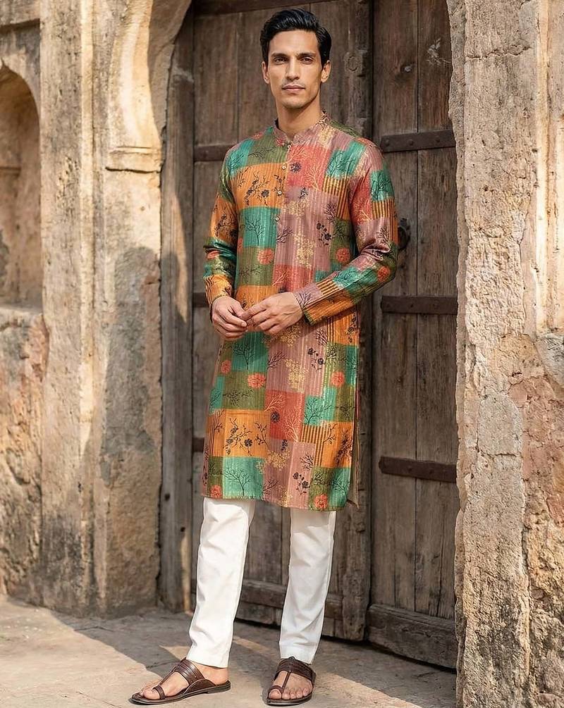 men’s multicolor ethnic printed silk blend kurta