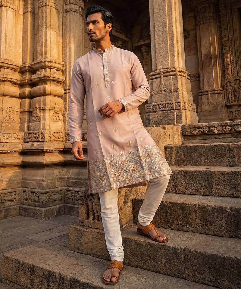 men’s lavender silk blend embroidered straight kurta