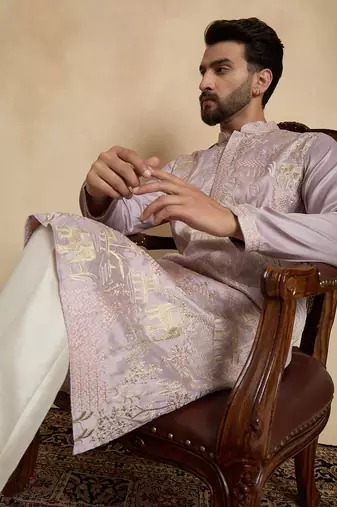 men s lavender ethnic silk blend embroidered kurta