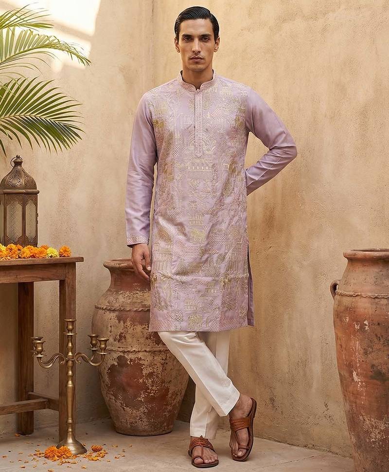 men’s lavender ethnic silk blend embroidered kurta