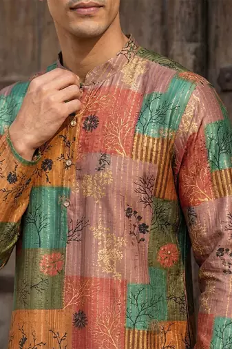 men   s multicolor ethnic printed silk blend kurta