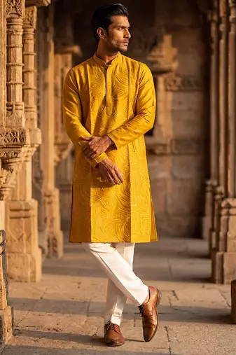 yellow printed silk blend kurta for men