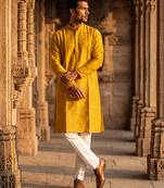 yellow printed silk blend kurta for men
