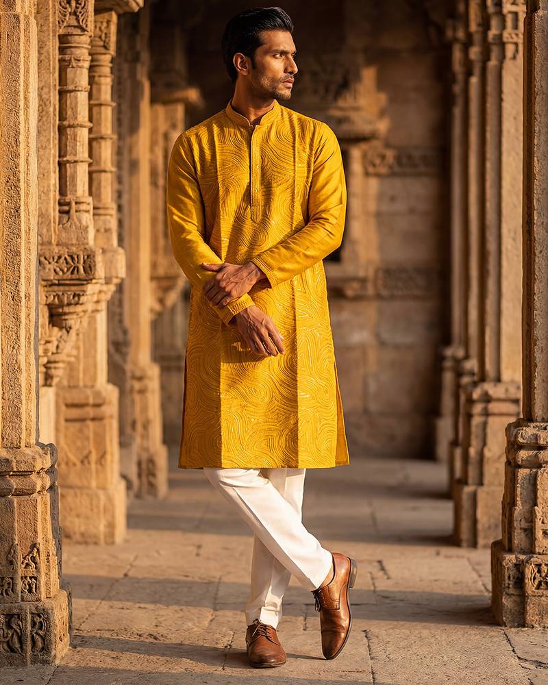 yellow printed silk blend kurta for men