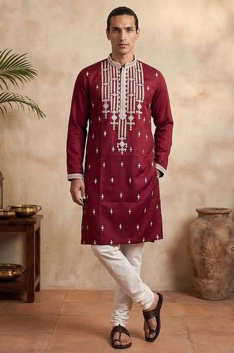 maroon silk blend embroidered kurta for men