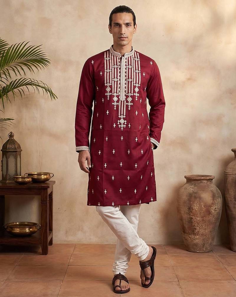 maroon silk blend embroidered kurta for men