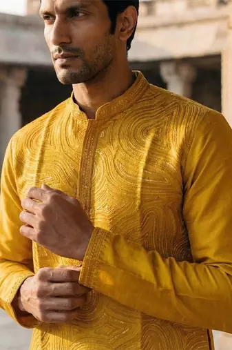 yellow printed silk blend kurta for men
