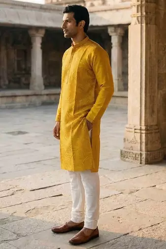 yellow printed silk blend kurta for men
