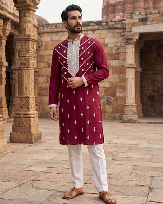 maroon embroidered silk blend kurta for men 1