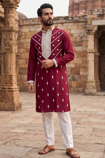 maroon embroidered silk blend kurta for men