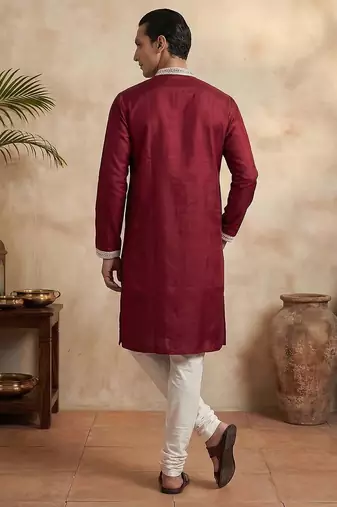 maroon silk blend embroidered kurta for men