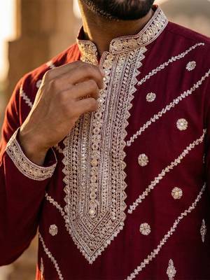 maroon embroidered silk blend kurta for men 2