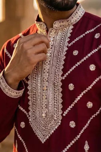 maroon embroidered silk blend kurta for men